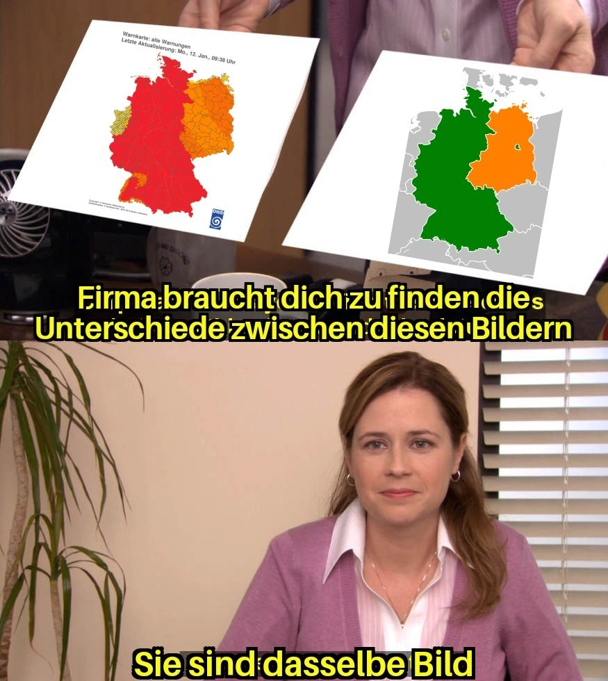 Firma braucht dich zu finden die Unterschiede zwischen diesen Bildern. Links ein Bild der aktuellen Warnlage des DWD für Deutschland. Rechts ein Bild der Deutschen Teilung von 1949 bis 1990. "Sie sind dasselbe Bild"