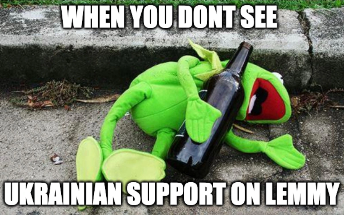 Kermit the frog with a beer bottle. When you don't see ukrainian support on Lemmy. 
