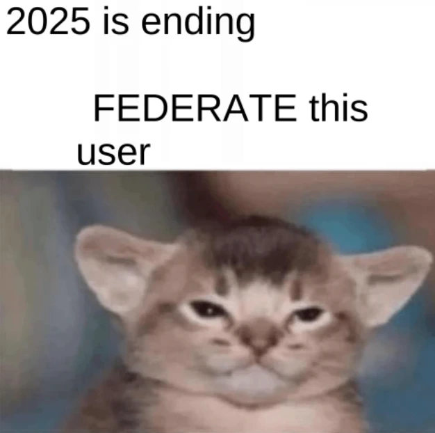 An image featuring a cat looking to the right side of the image, with the caption above saying "2025 is ending. FEDERATE this user".